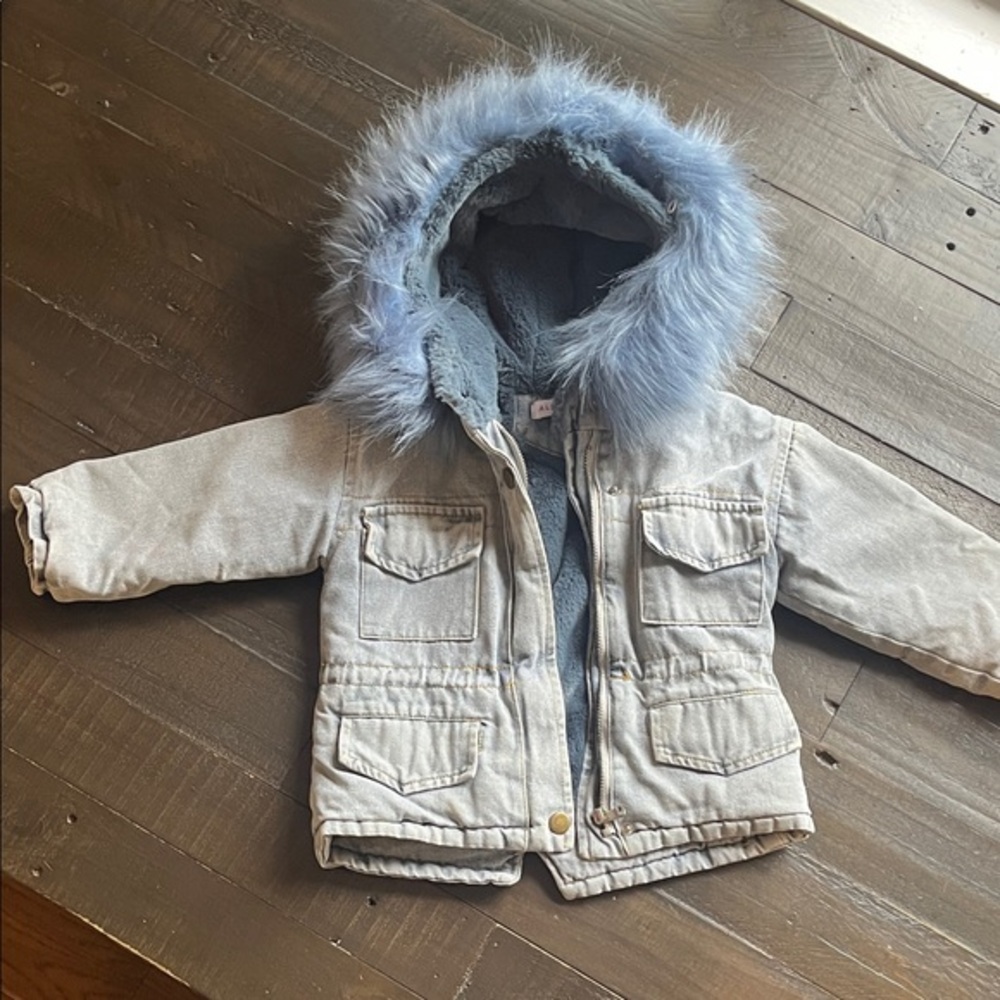 Kids Denim Jacket with Blue Fur Trim